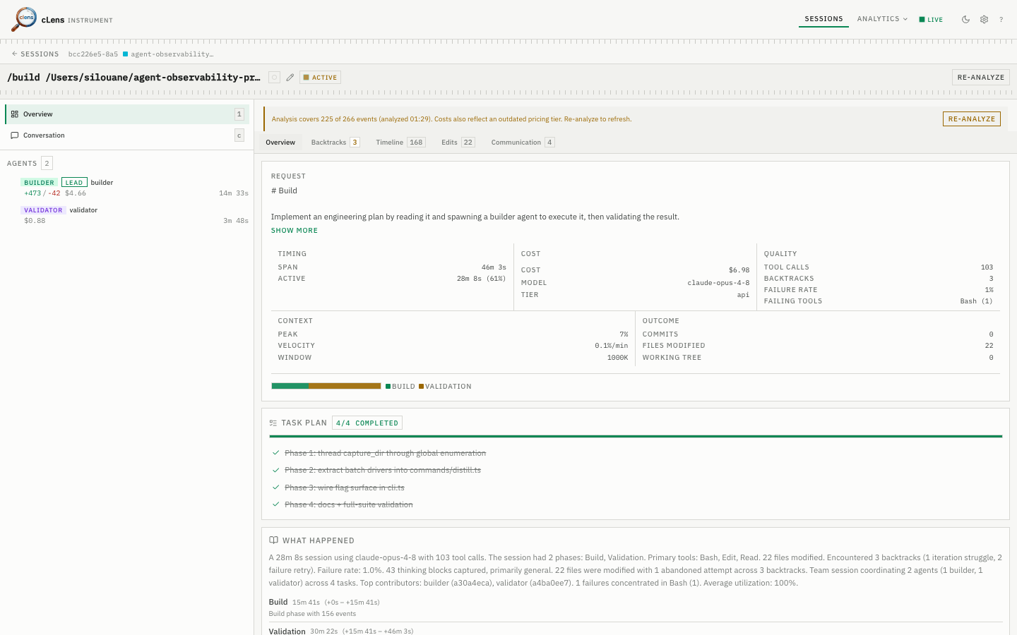 cLens session detail — agent timeline with backtracks, decision points, and reasoning trace.