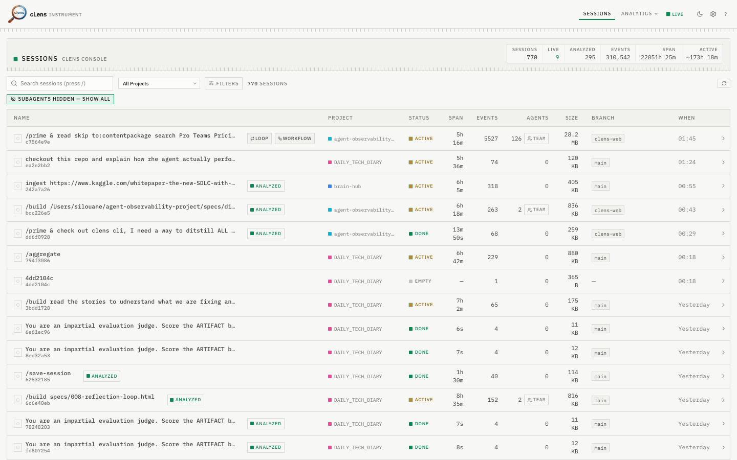 cLens dashboard session list — local Claude Code sessions with duration, tool counts, and estimated cost.